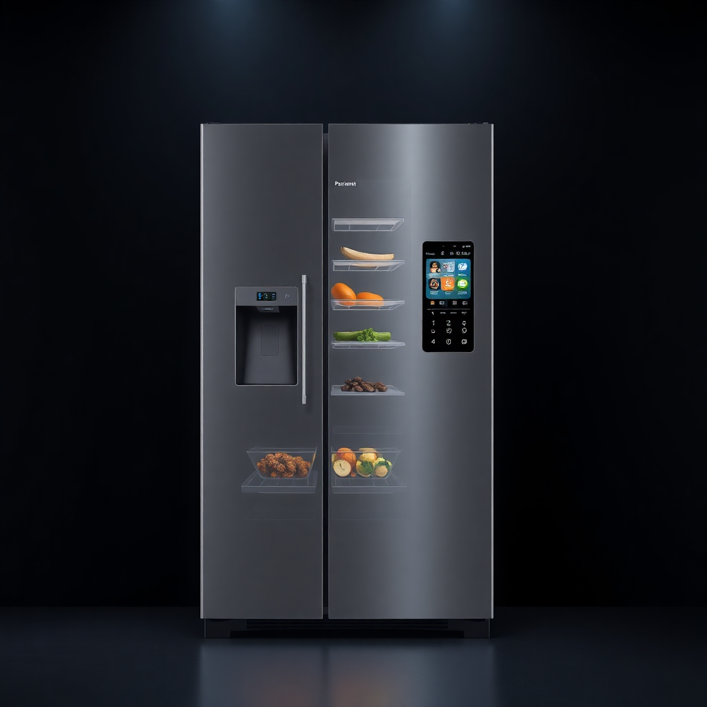 modern refrigerator with smart display on dark background, premium quality